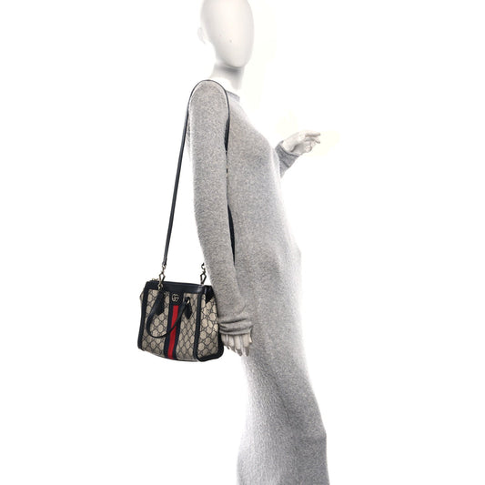 GG Supreme Monogram Textured Dollar Calfskin Web Small Ophidia Tote Bag Beige Blue