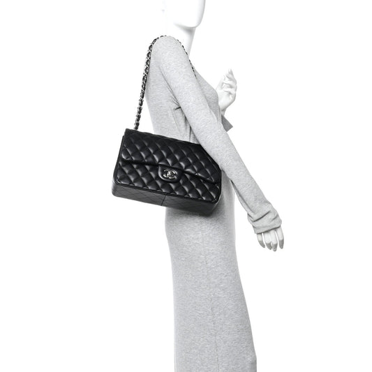 Lambskin Quilted Jumbo Double Flap Black
