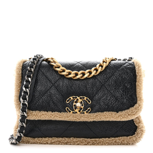 Crumpled Calfskin Shearling Sheepskin Quilted Medium Chanel 19 Flap Navy