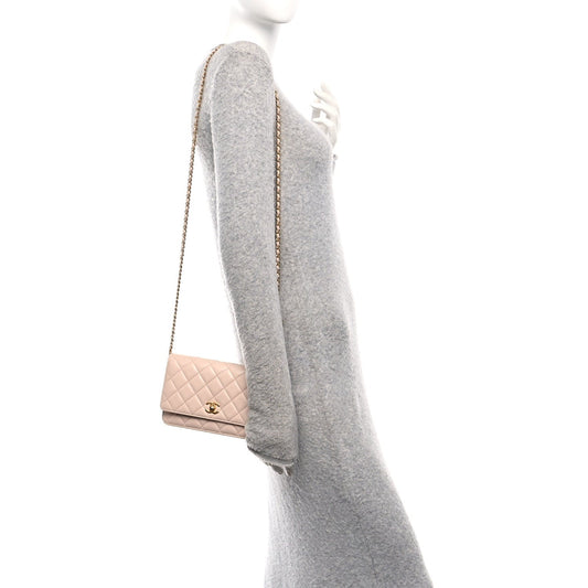 Lambskin Quilted CC Pearl Crush Wallet on Chain WOC Light Pink