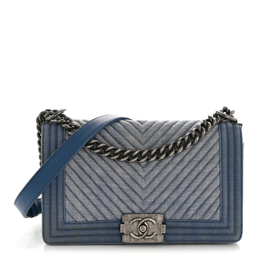 Denim Chevron Quilted Medium Boy Flap Blue