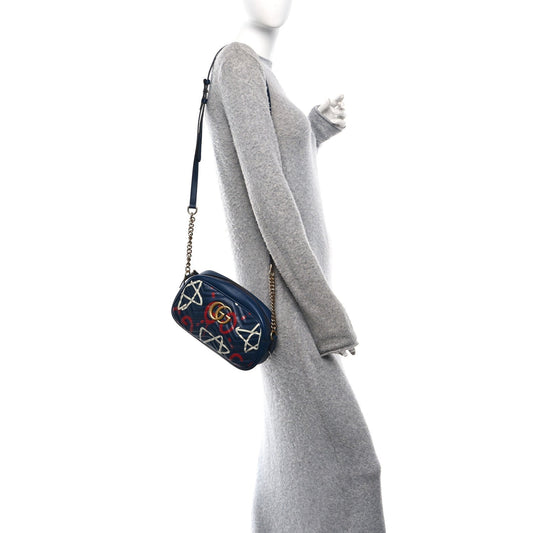 Calfskin Matelasse GucciGhost Small GG Marmont Chain Shoulder Bag  Black Hibiscus Red