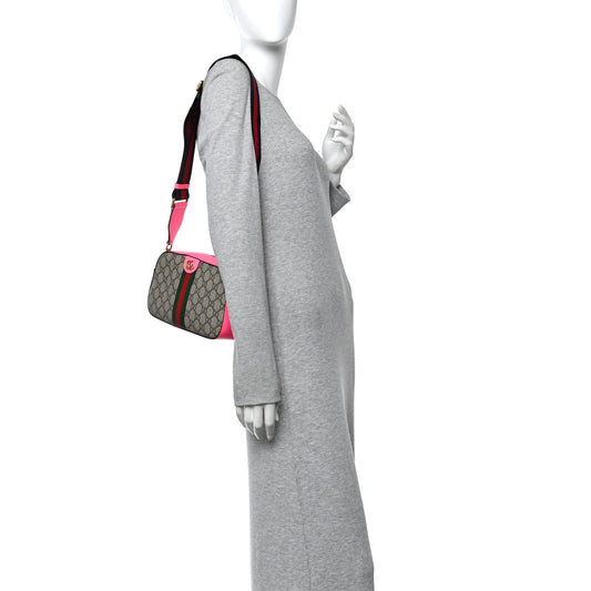 GG Supreme Monogram Textured Dollar Calfskin Web Ophidia Small Crossbody Bag Beige Ebony Fuchsia