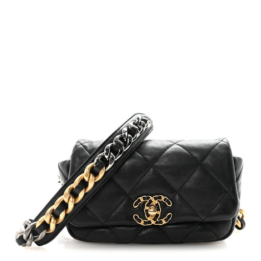 Goatskin Quilted Chanel 19 Waist Bag Black