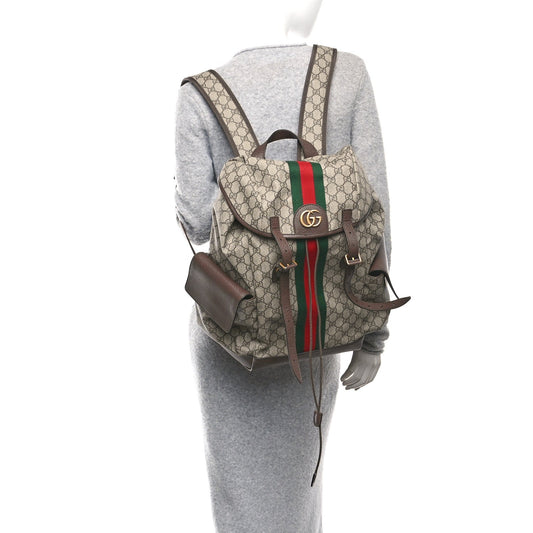 GG Supreme Monogram Medium Ophidia Double Buckle Backpack Brown