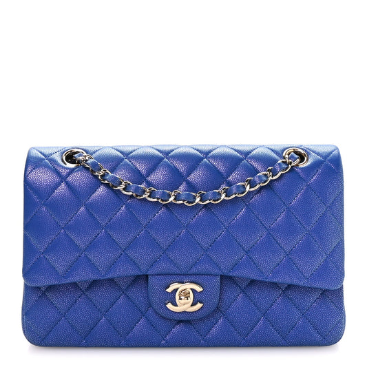 Iridescent Caviar Quilted Medium Double Flap Blue