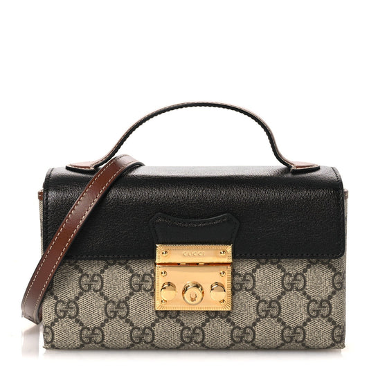 GG Supreme Monogram Calfskin Mini Padlock Top Handle Shoulder Bag Beige Black Cuir