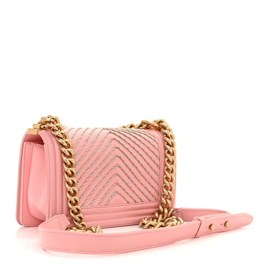 Calfskin Chevron Embroidered Small Boy By The Sea Flap Pink