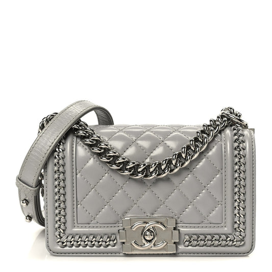 Iridescent Lambskin Quilted Small Chain Around Boy Flap Grey