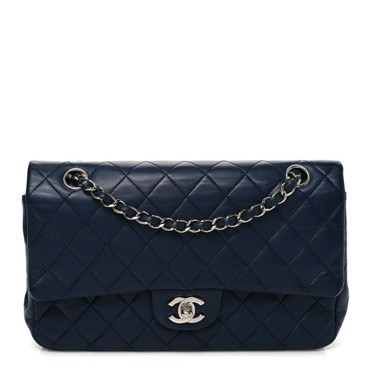Lambskin Quilted Medium Double Flap Navy