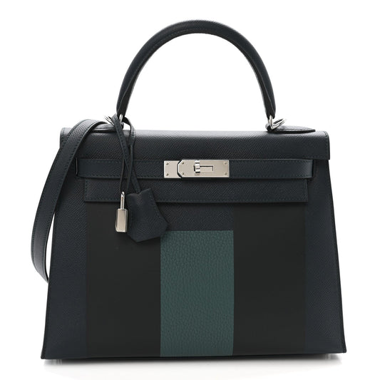 Epsom Sombrero Taurillon Clemence Kellygraphie Lettre H Kelly Sellier 28 Vert Cypress Bleu Obscur Malachite Bleu Encre