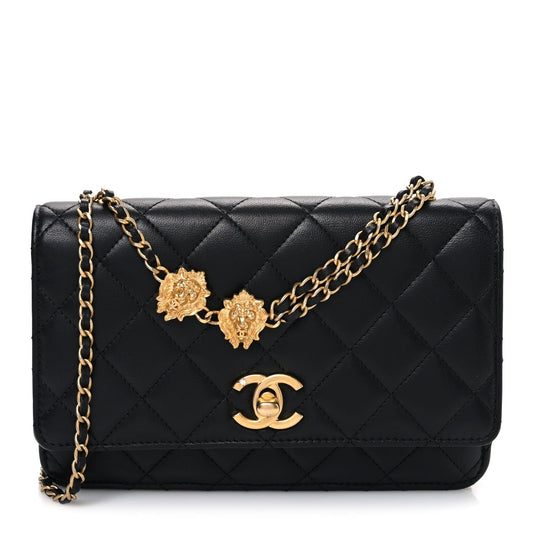 Lambskin Quilted Lion Motif Wallet On Chain WOC Black
