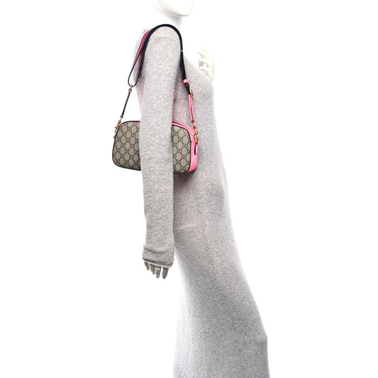 GG Supreme Monogram Textured Dollar Calfskin Web Ophidia Small Crossbody Bag Beige Ebony Fuchsia