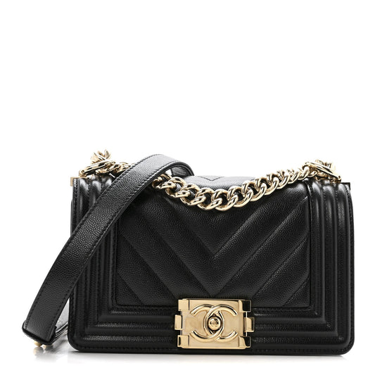 Caviar Chevron Quilted Small Boy Flap Black