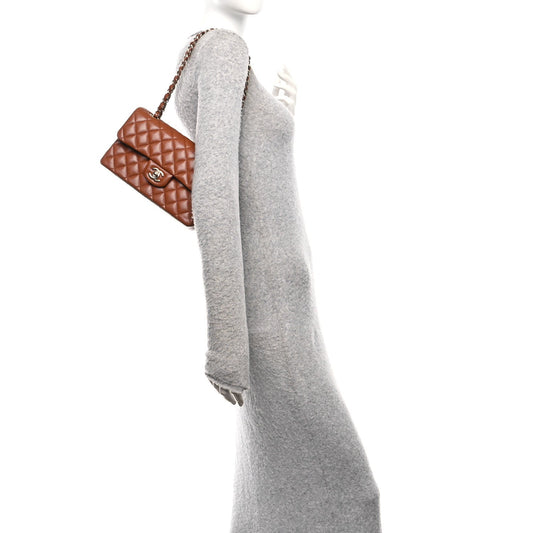 Caviar Quilted Small Double Flap Light Brown