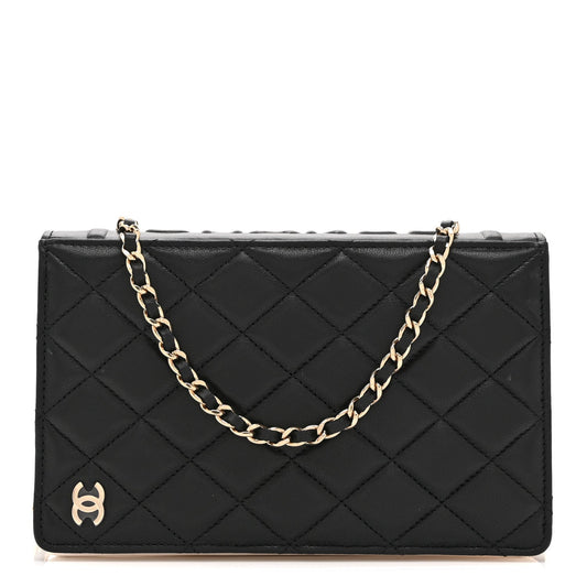 Lambskin Quilted Book Wallet On Chain WOC Black
