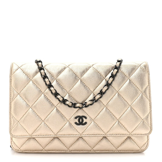 Metallic Lambskin Quilted Wallet On Chain WOC Gold Black
