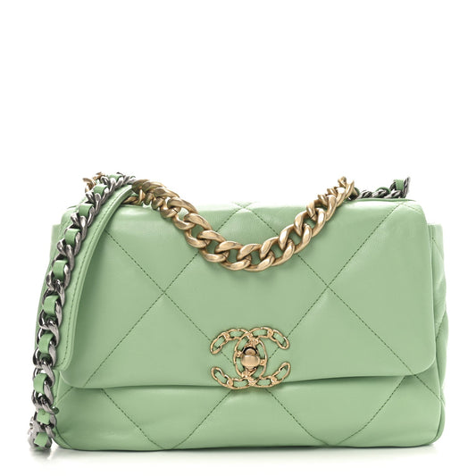 Goatskin Quilted Medium Chanel 19 Flap Light Green