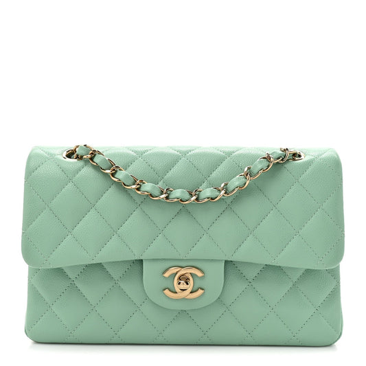 Caviar Quilted Small Double Flap Light Green