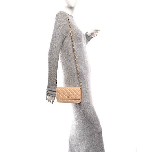 Caviar Quilted Wallet on Chain WOC Beige
