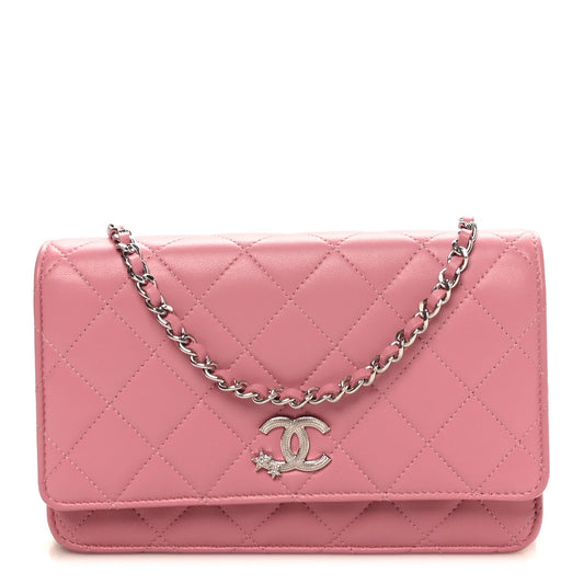 Lambskin Quilted Crystal Star Wallet On Chain WOC Pink