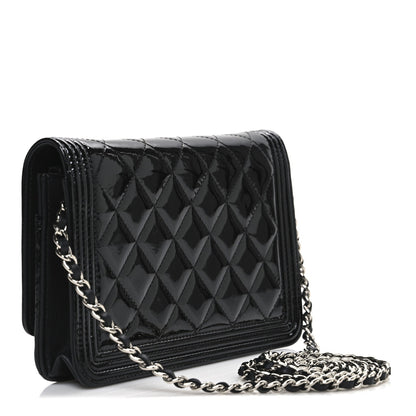 Patent Calfskin Quilted Boy Wallet On Chain WOC Black