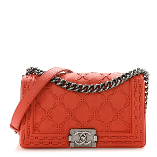Caviar Stitched Medium Boy Flap Dark Orange