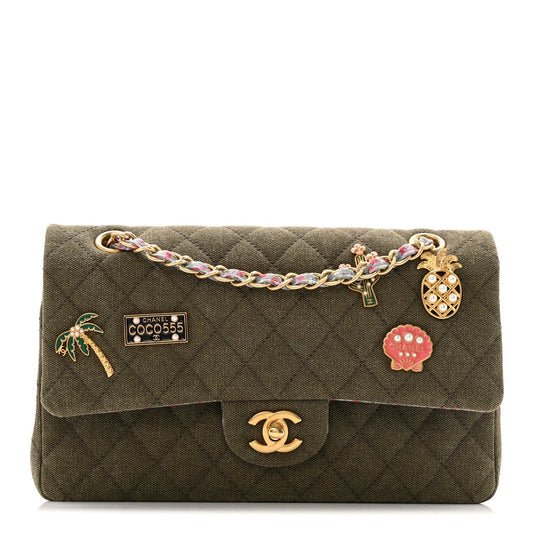 Canvas Quilted Coco Cuba Charms Medium Double Flap Khaki