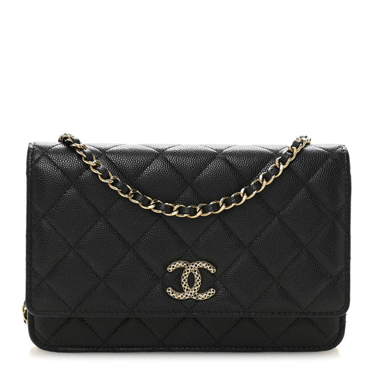 Caviar Quilted Perforated Metal CC Wallet On Chain WOC Black