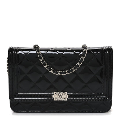 Patent Calfskin Quilted Boy Wallet On Chain WOC Black