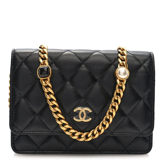 Lambskin Quilted CC Pearl Enamel Clutch on Chain WOC Black