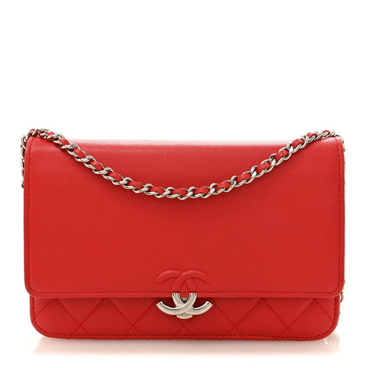 Grained Calfskin Quilted CC Box Wallet On Chain WOC Red