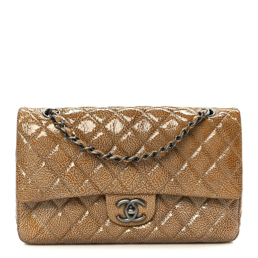 Crinkled Patent Quilted Medium Double Flap Beige