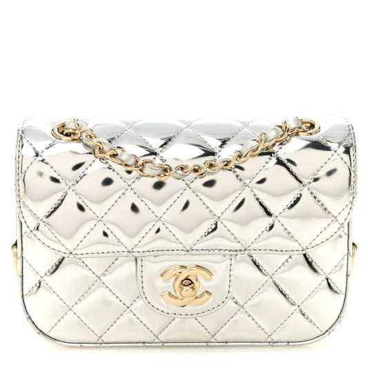 Mirror Calfskin Metallic Calfskin Quilted Hollywood Boulevard Mini Flap With Star Coin Purse Silver