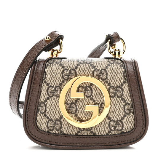 GG Supreme Monogram Textured Dollar Calfskin Blondie Card Case Wallet with Strap Beige Ebony New Acero