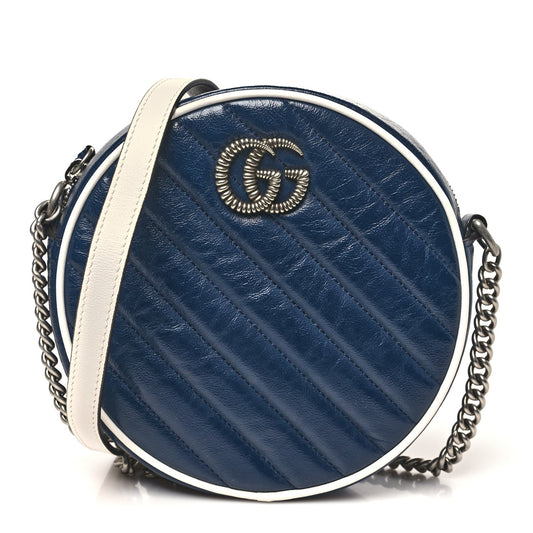 Azalea Calfskin Matelasse Diagonal Mini Torchon GG Marmont Round Shoulder Bag Blue Agata Mystic White