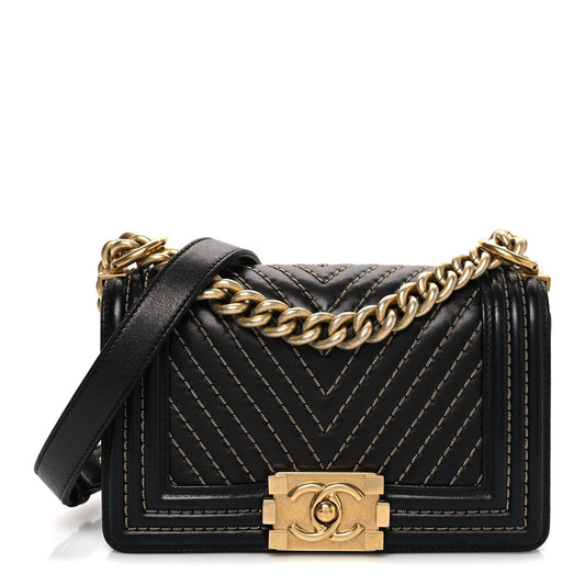 Lambskin Chevron Chain Stitched Small Boy Flap Black