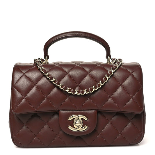 Lambskin Quilted Mini Top Handle Rectangular Flap Dark Brown