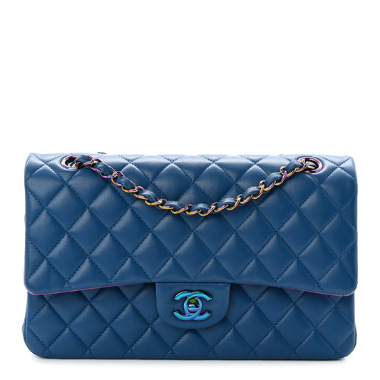 Lambskin Quilted Medium Double Flap Blue Pink