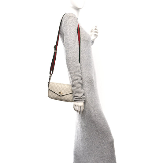 GG Supreme Monogram Textured Dollar Calfskin Web Mini Ophidia Envelope Shoulder Bag Beige Mystic White Oatmeal
