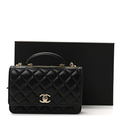 Lambskin Quilted Top Handle Trendy CC Wallet On Chain WOC Black