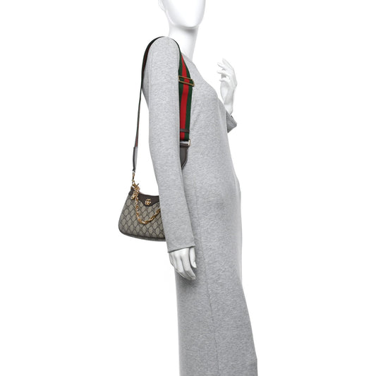 GG Supreme Monogram Textured Dollar Calfskin Web Small Ophidia GG Handbag Beige Ebony New Acero