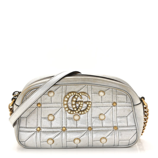 Metallic Calfskin Matelasse Studded Small Pearly GG Marmont Chain Shoulder Bag Silver
