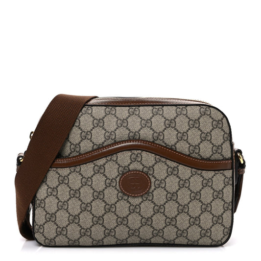 GG Supreme Monogram Azalea Calfskin Retro Interlocking G Messenger Shoulder Bag Beige Ebony Brown Sugar