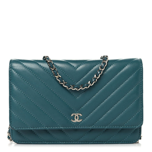 Lambskin Chevron Quilted Wallet On Chain WOC Turquoise