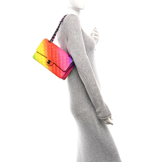 Calfskin Quilted Medium Rainbow Double Flap Multicolor