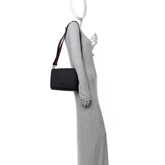 GG Supreme Monogram Appia Calfskin Web Crossbody Bag Black Grey
