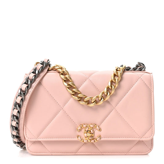 Lambskin Quilted Chanel 19 Wallet On Chain WOC Light Pink