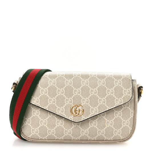 GG Supreme Monogram Textured Dollar Calfskin Web Mini Ophidia Envelope Shoulder Bag Beige Mystic White Oatmeal