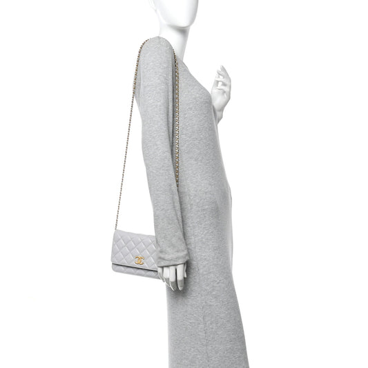 Caviar Quilted Textured CC Wallet on Chain WOC Grey